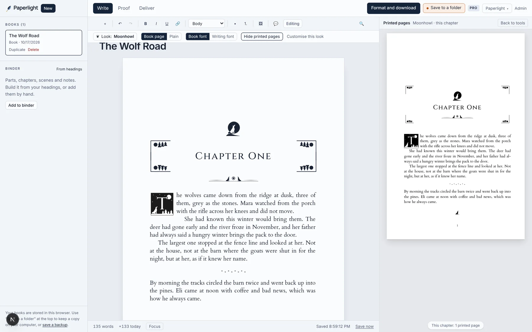 Paperlight’s writing desk in the Moonhowl look: the chapter heading with its wolf and moon, a woodcut wolf initial and the scene break as you type, and the printed page beside it